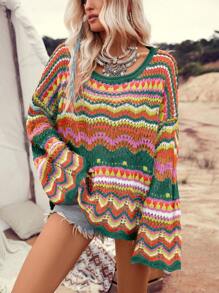 LanaWest Women's Colorful Striped Hollow Out Dropped Shoulder Long Sleeve Pullover Sweater, Suitable For Vacation, Music Festivals, Beach Knit Pullover Fall Winter - Multicolor - View 4