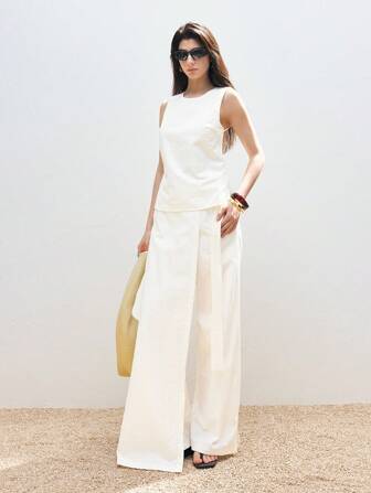 LYSMO 女士纯色棉麻两件套，露背系带背心和系带金属扣短裙 - 2025 年春夏新品