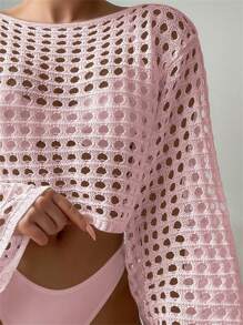 SHEIN Swim Mesh See-Through Cover Up, Solid Color Long Sleeve, Minimalist & Fashionable For Summer - Baby Pink - View 4