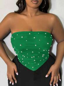 SHEIN SXY Sujetador tubo de corte para mujer talla grande con cuentas de perlas falsas y bajo con pañuelo, adecuado para citas nocturnas, cumpleaños, y atuendo para despedida de soltera