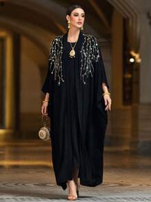 Al Najma Women's Rhinestone Plant Pattern Long Sleeve Loose Elegant Arabian Abaya Outerwear - Black - View 7