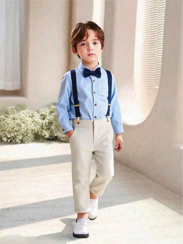 SHEIN 2pcs Gentleman Outfit For Young Boys - Includes Bow Tie, Striped Long Sleeve Shirt And Trousers With Suspenders. Fashionable Gentleman Attire Suitable For Birthday Parties, Events, Weddings, Christenings, Holidays Like Halloween, Christmas, Thanksgiving - Formal Wear And Performance Outfit
