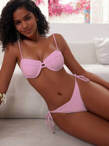 Swim Mod Women's Plaid Print Pink Spaghetti Strap Bikini Set For Summer Beach Vacation - Baby Pink - View 3