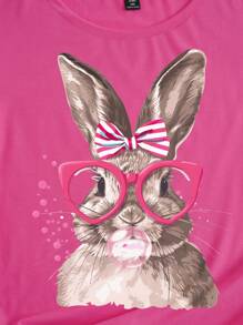 SHEIN LUNE Plus Size Women's Loose Easter Rabbit Print Crew Neck Short Sleeve T-Shirt, For Gifts - Hot Pink - View 3