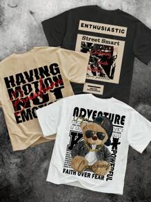 SHEIN 3pcs/Set Teens Boys' Casual Crew Neck Short Sleeve T-Shirts In White, Black, And Khaki, Suitable For Summer