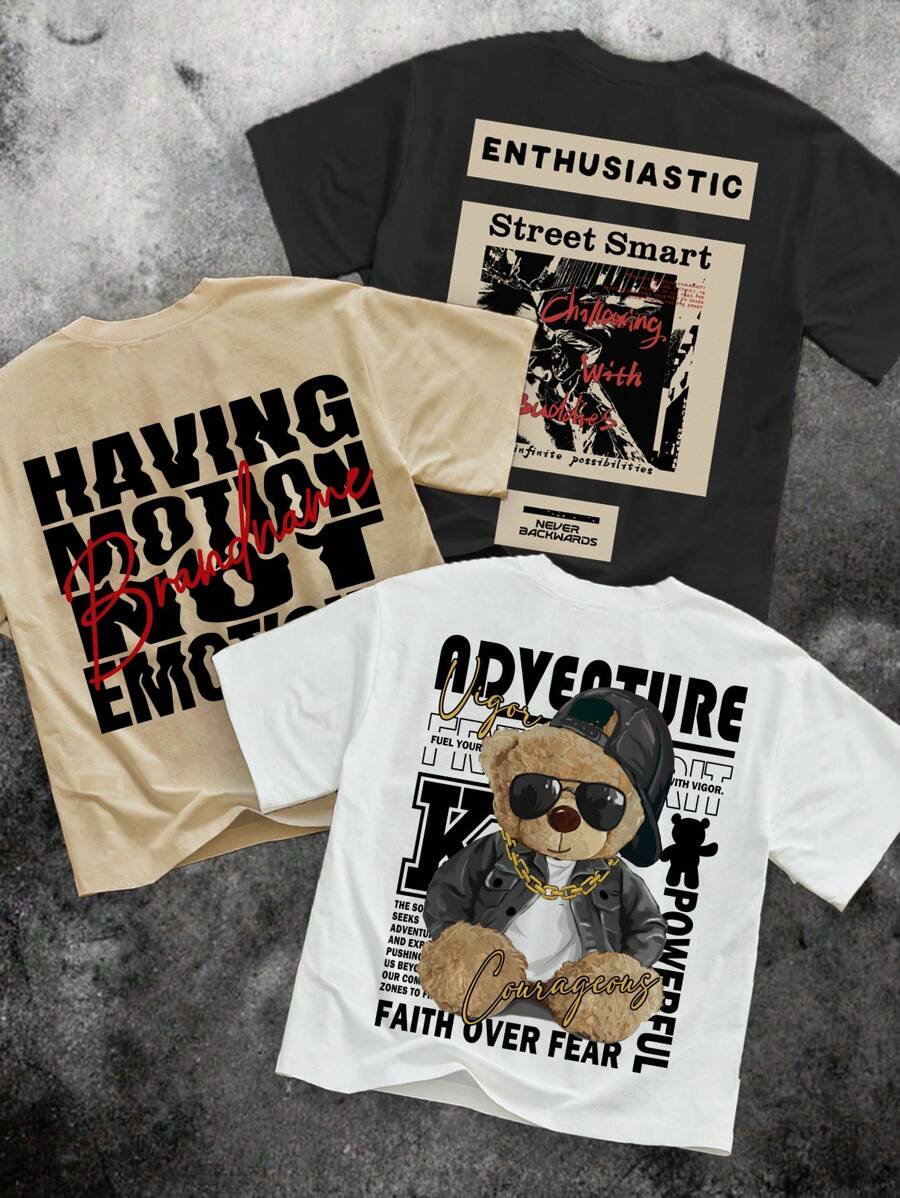 SHEIN 3pcs/Set Teens Boys' Casual Crew Neck Short Sleeve T-Shirts In White, Black, And Khaki, Suitable For Summer