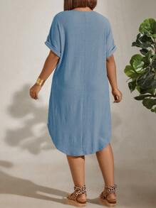 EMERY ROSE Plus Size Vacation Casual Solid Color Batwing Sleeve Dress - Blue - View 2