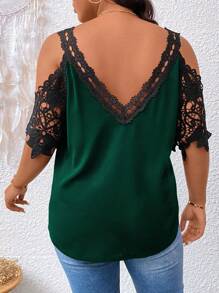 Calvaya Plus Size Summer Fashionable Contrast Color Lace Panel Off Shoulder Blouse - Dark Green - View 2