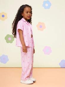 SHEIN Conjunto de 3 piezas para niña joven: Camisa de rayas trenzada, chaleco de punto y pantalones holgados - Multicolor - Ver 4