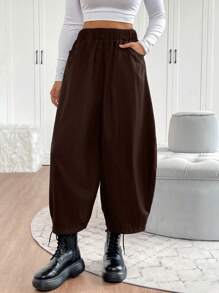 Chiquease Women Solid Color Elastic Waist Pockets Loose Casual Wide Leg Pants - Coffee Brown - View 6