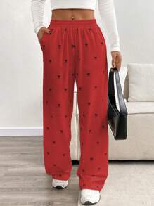 Chiquease Women's Casual Loose Butterfly Pattern Elastic Waist Sweatpants Fall Cloth For Women - Red - View 3