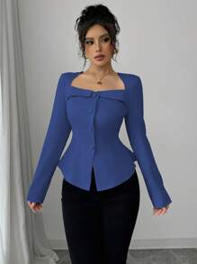 Elenzga Women's French Elegant Commuter Trapezoid Collar Square Collar Front Mid-Open Button Decorative Waistline A-Line Long Sleeve Shirt, Spring/Autumn/Winter - Royal Blue - View 4