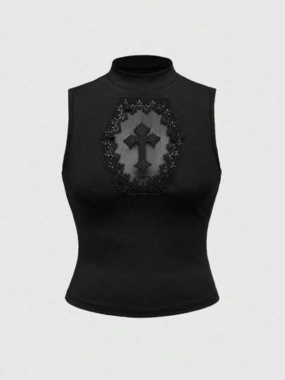 Kawaii Plus Size Cross Applique Mesh Insert Tank Top