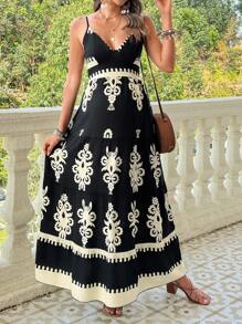 SHEIN Vacation Style Printed Maternity Dress With Spaghetti Straps - Black - View 1