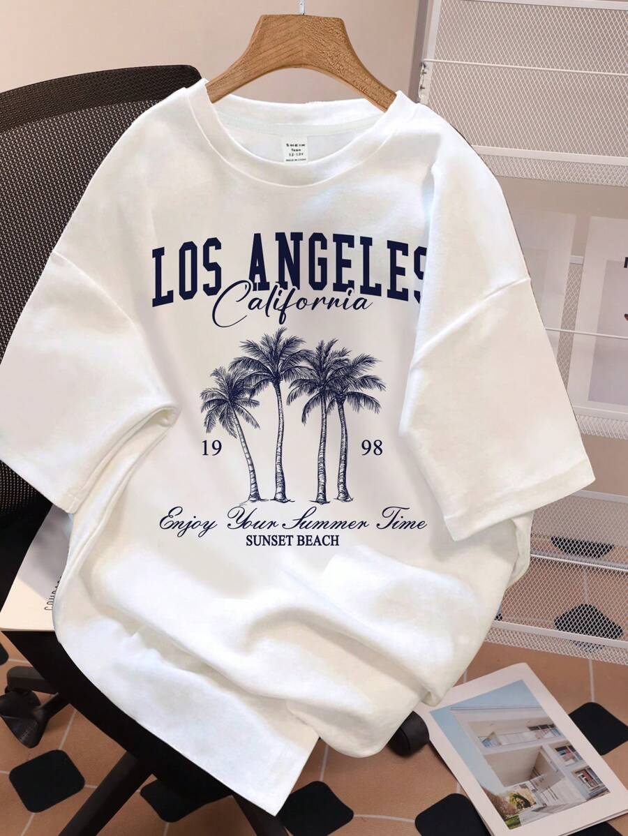 SHEIN Leap Crew 休闲简约度假风格少女白色超大针织 T 恤，带有椰子树和“洛杉矶”图案，适合夏季 - 彩色 - 查看 1