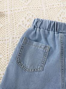 SHEIN Girlhood Core 2Pcs/Set Young Girl Casual School Style Red Camisole And Blue Denim Wash Shorts, Cherry Print - White - View 7