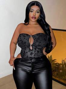 Slaydiva 适合派对、情人节的优雅性感紧身衣，修身纯黑色露肩网眼面料，心形金属装饰镂空设计，加大码，春夏秋季 - 黑色 - 查看 1