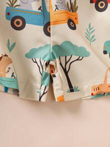 SHEIN Playful Pals 2件套男婴可爱卡通动物汽车印花短袖上衣和短裤套装，适合春夏外出和日常穿着 - 彩色 - 查看 6