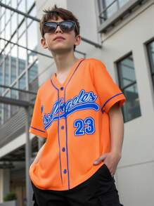 Tween Boy Casual Sports Letter Graphic Baseball Collar Short Sleeve Shirt, Suitable For Commuting, School, Everyday Wear, Sports, Spring/Summer - Orange - View 1