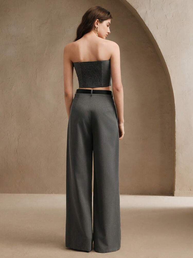 Women Elegant Modern Design Gathered Halter Top & High Waist Wide Leg Pants Suit, Summer Business Casual Chic Two Pieces Set