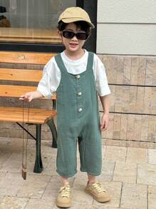 SHEIN Little Byeori 适合年轻男孩的休闲纯色舒适针织背带裤，提花纹理纽扣设计工装裤，适合通勤、上学、日常休闲、旅行、运动、春夏秋冬、母亲节/母子装 - 綠色 - 查看 3