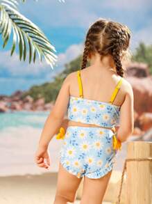 Adorable Girls' Two-Piece Bikini Set With Daisy Print And Ruffle Detailing Perfect For Summer Beach Fun - Multicolor - View 4
