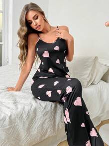 SHEIN 2 件套女士心形印花吊带背心和裤子睡衣套装 - 黑色 - 查看 5