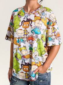 Nick 90s X SHEIN Women's Summer Spring Cartoon Pattern White Oversized T-Shirt, Unisex Gyaru Daily Casual Outing Wear