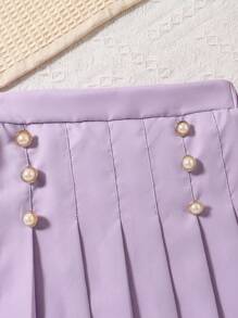 Tween Girls Ruffle Front Button Sleeveless Shirt & Contrast Pleated Skirt Outfit - Violet Purple - View 4