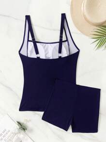 SHEIN Swim 2pcs/Set Summer Pleated Color-Block Camisole Crop Top And Low-Rise Briefs Elegant Bikini Set - Royal Blue - View 4