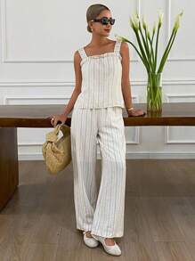 DAZY 2pcs/Set Women Summer Striped Sleeveless Top & Wide Leg Pants Linen - Apricot - View 1