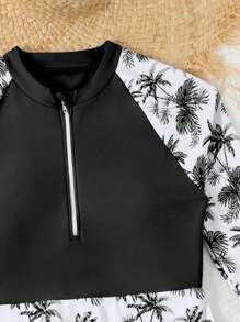 SHEIN Tween 女童吊带背心分体泳衣套装，海滩度假长袖印花分体泳衣