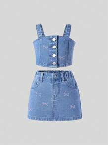 Conjunto de top de tirantes con bordado de lazo y falda vaquera de cintura elástica para niña