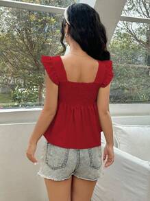 SHEIN Unity Áo sơ mi họa tiết màu trơn có nhún ngực và áo peplum cổ tim - Màu Đỏ Sâu - Xem 2