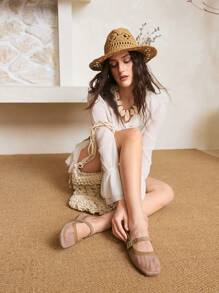 Styleloop Chaussures plates à bout rond pour femme, tige en maille tissée beige, design minimaliste à la mode, confortables et respirantes, fermeture auto-agrippante - Vert olive - Voir 8