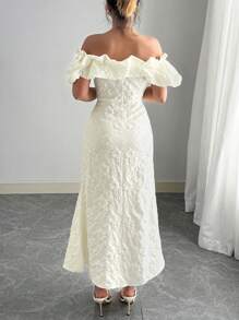 SHEIN Unity Plus Size Off Shoulder Jacquard Textured Ruffle Hem Fishtail Dress, Elegant Evening Gown - Beige - View 2