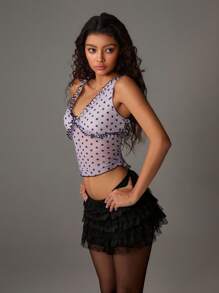 TRNVIE Spring & Summer Romantic Light Purple Polka Dot Mesh Floral V-Neck Tank Top For Women