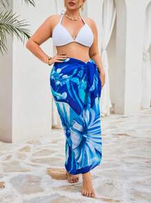 Swim Vcay Plus Size Women Floral Printed Beach Cover Up Sarong Skirt For Summer Beach Vacation - Blue - View 4