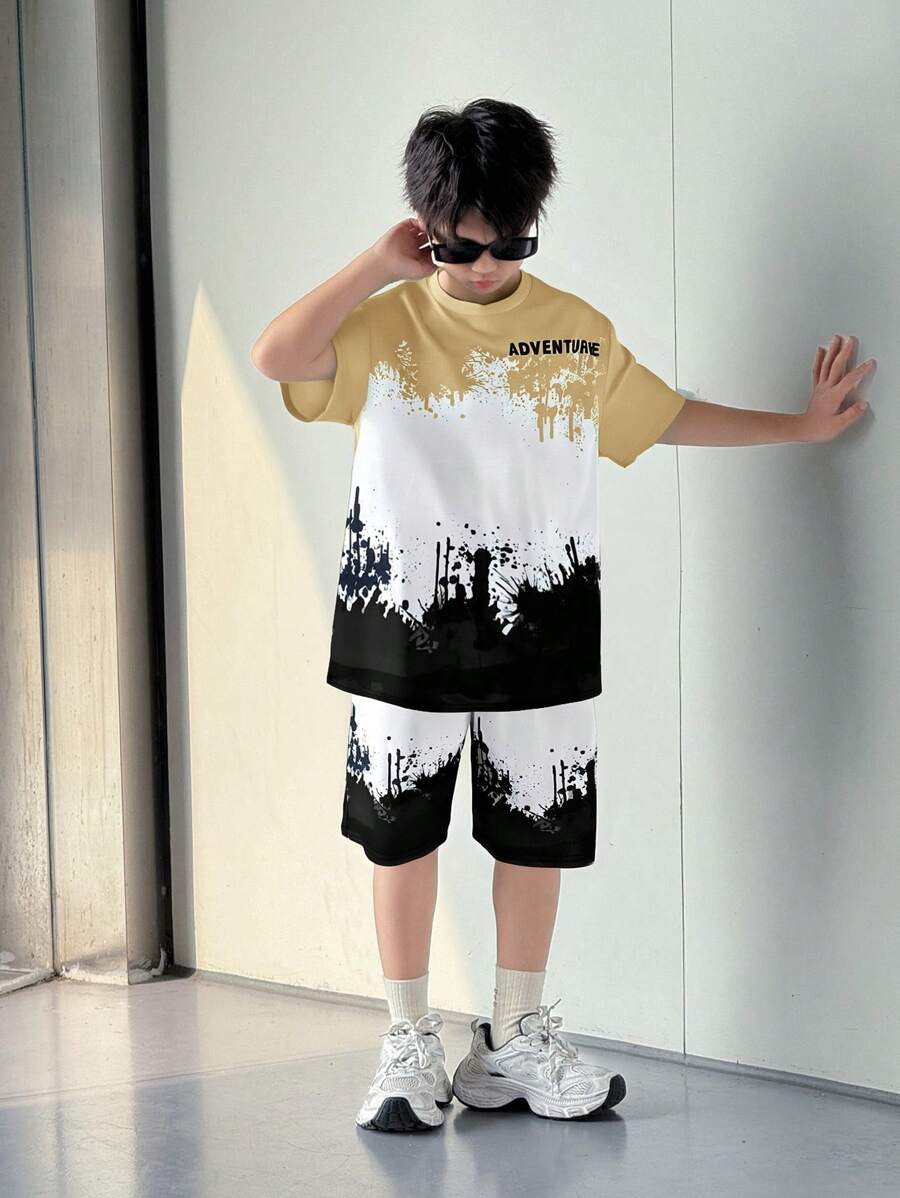 SHEIN Tween Boy Loose Streetwear Style Letter Print Short Sleeve T-Shirt And Shorts Set,Kids - Khaki - View 1