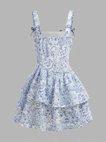 SHEIN Leap Crew Tween Girl 复古印花拼色 V 领荷叶边袖度假连衣裙 - 黑與白 - 查看 3