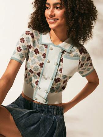 SHEIN EZwear Top en tricot vert avec col cranté, poche avec motif de trèfle à quatre feuilles et motif géométrique
