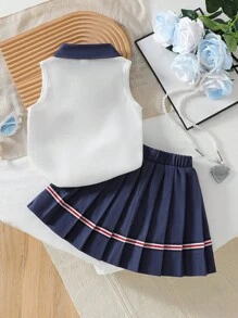 SHEIN 2Pcs/Set Ramadan Girls Polo Collar Sleeveless Tank Top + Pleated Mini Skirt Suit, Elegant School Style For Summer - Multicolor - View 2