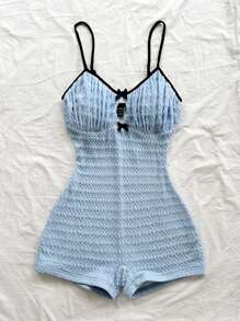 Soleia Women's Vacation Blue Knit Texture Front Center Hollow Bow Contrast Shoulder Strap Contrast Figure-Flattering Jumpsuit, Fashionable Layering Or Outerwear, Party - Blue - View 4