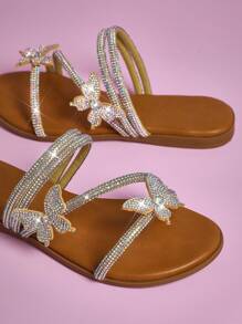 Mini mi 女孩水钻蝴蝶系带香槟色凉鞋 - 百搭、闪亮、舒适 - 香檳色 - 查看 2