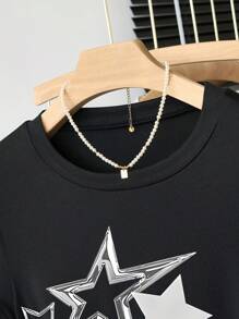SHEIN Tween Girls Casual Metallic Speckled Star Graphic Short Sleeve T-Shirt, Edgy Style