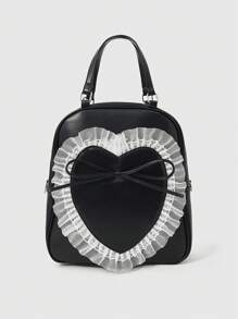 ROMWE Goth 女士背包，带撞色网布、荷叶边和蝴蝶结装饰，实用 - 黑色 - 查看 4