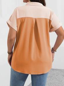 Calvaya Plus Size Women's Color Block Batwing Sleeve Button Down Casual Shirt - Orange - View 2