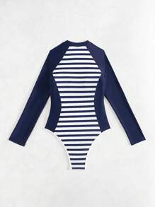 Swim SPRTY Women's Blue Striped Zipper Long Sleeve Surfing Jumpsuit - Blue - View 7
