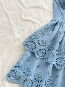 Soleia WYWH 女士休闲节日夏装，适合婚礼、毕业典礼、复活节、派对、午餐、度假。可爱刺绣蕾丝拼布弹力 V 领迷你连衣裙，蓝色 - 藍色 - 查看 4