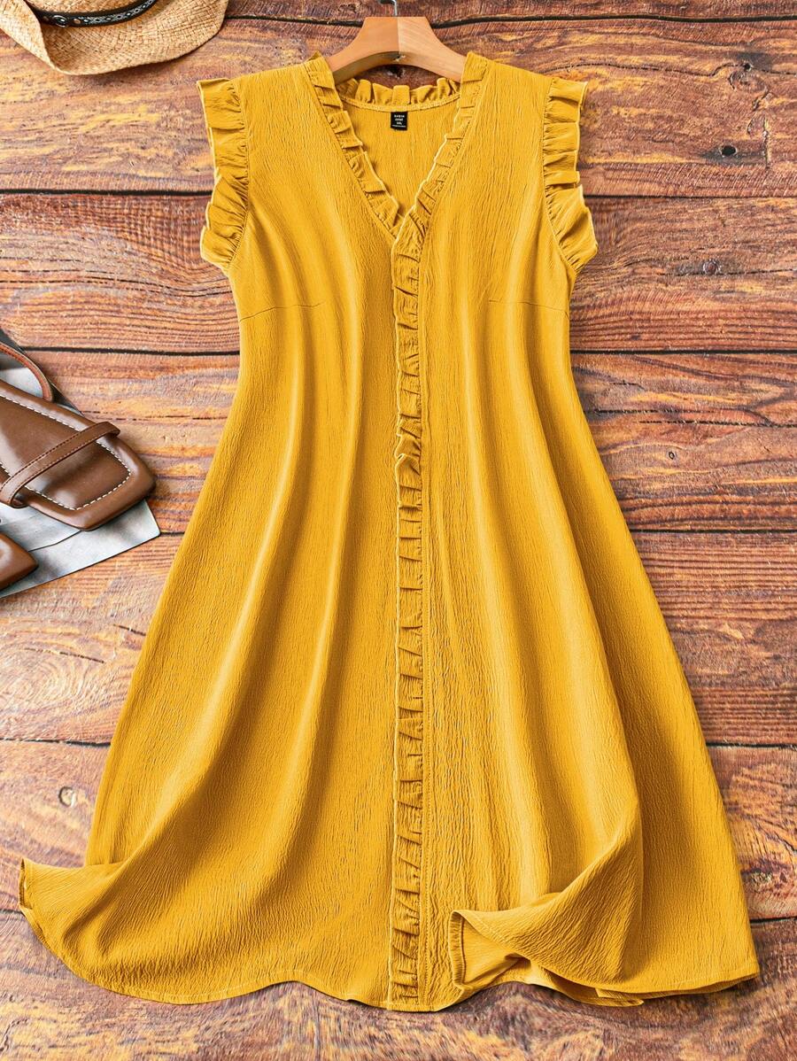 EMERY ROSE Plus Size Women Sleeveless V-Neck Dress With Ruffle Trim On Collar & Cuff, Casual & Comfortable, Suitable For Daily Commute - Yellow - View 1